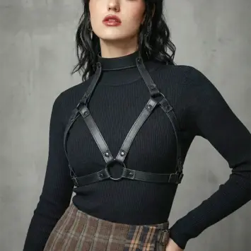 KooKoo 22 Ρυθμιζόμενο harness στήθους και λαιμού Fetish Submissive με μεταλλική αλυσίδα, vegan leather και neoprene, nickel free κατασκευή