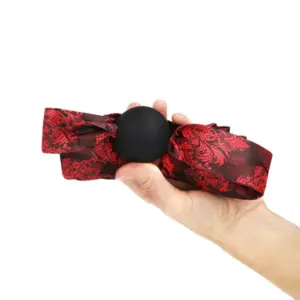 Ball Gag της μάρκας KINK με μαύρη σιλικονένια μπάλα και κόκκινη σατέν κορδέλα με σχέδια, κρατημένο στο χέρι.