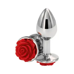 Μεταλλικό anal plug ασημί από ανοξείδωτο ατσάλι με κόκκινο τριαντάφυλλο στη βάση από τη σειρά KINK. Large Size