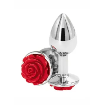 KooKoo 22 Μεταλλικό anal plug από ανοξείδωτο ατσάλι με κόκκινο τριαντάφυλλο στη βάση από τη σειρά KINK.