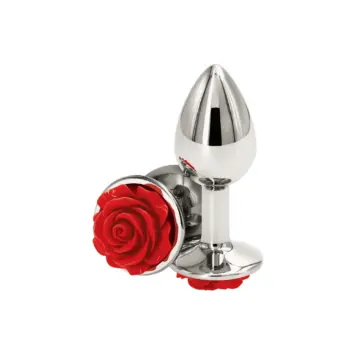 ΝΕΕΣ ΑΦΙΞΕΙΣ 16 Μεταλλικό anal plug ασημί από ανοξείδωτο ατσάλι με κόκκινο τριαντάφυλλο στη βάση από τη σειρά KINK. Small Size