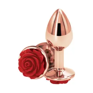 Μεταλλικό anal plug Large σε rose gold χρώμα με διακοσμητικό κόκκινο τριαντάφυλλο στη βάση ασφαλείας.