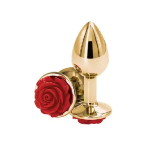 Μεταλλικό anal plug medium σε χρυσό χρώμα με διακοσμητικό κόκκινο τριαντάφυλλο στη βάση ασφαλείας.